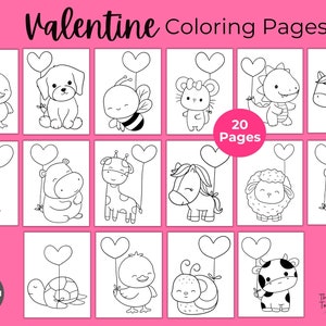 Valentine&#39;s Day Coloring Pages, Kids Valentine Activity, Classroom and Pre-School Coloring, Valentine Animals, Valentine Coloring Book,