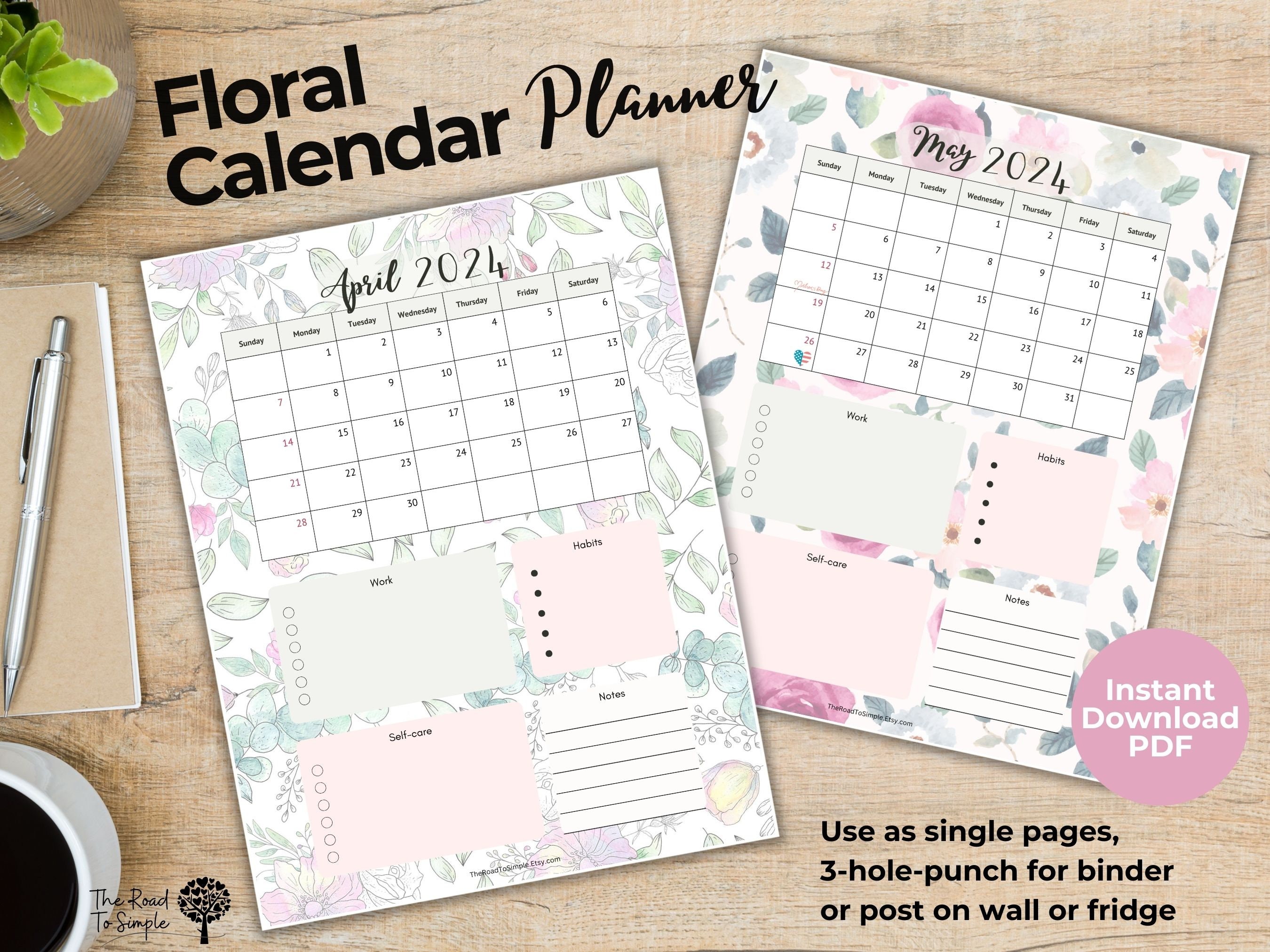 Printable 2024 Calendar Planner Floral 2024 Calendar 2024 Office ...