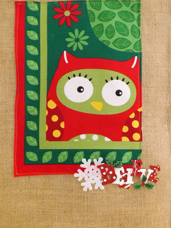 Items similar to Natural Burlap Whimsical Christmas Owl Wall Hanging