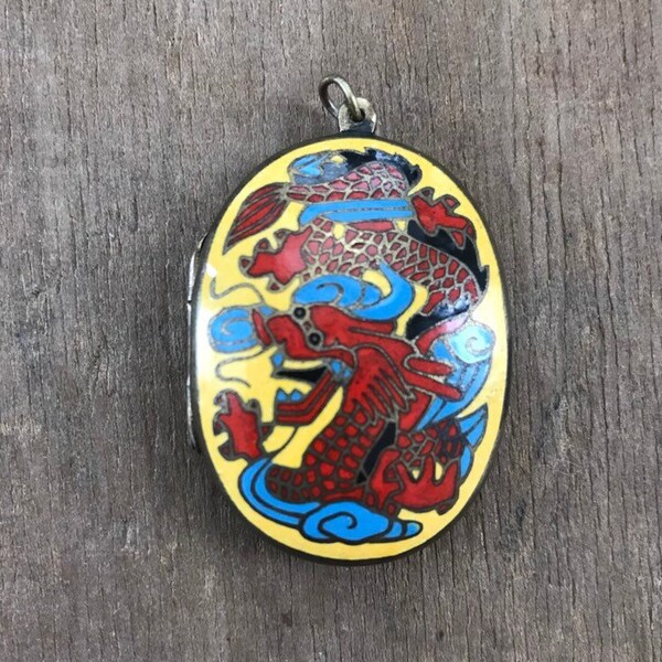 Vintage Chinese Cloisonné Dragon Locket Oval Pendant