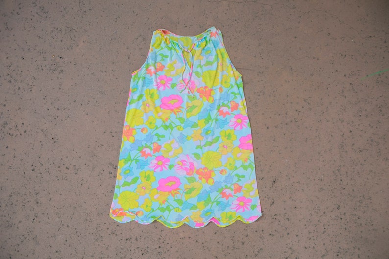70/'s Vintage Neon Pastel Floral Slip Dress Sorta Sheer w Tie Collar