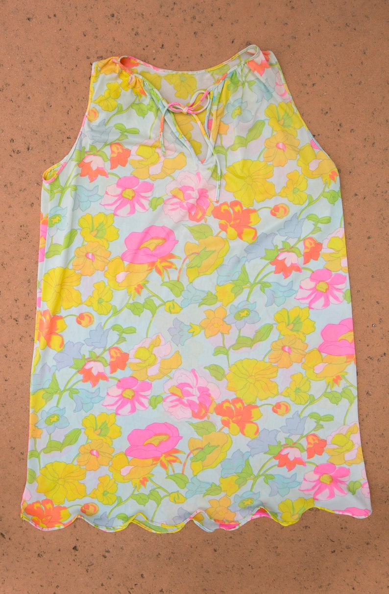 70/'s Vintage Neon Pastel Floral Slip Dress Sorta Sheer w Tie Collar