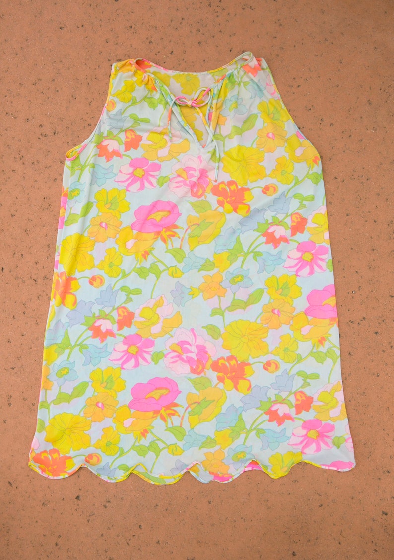 70/'s Vintage Neon Pastel Floral Slip Dress Sorta Sheer w Tie Collar