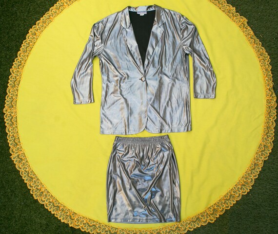80's Two Piece Silver Skirt Suit, blazer, mini ski