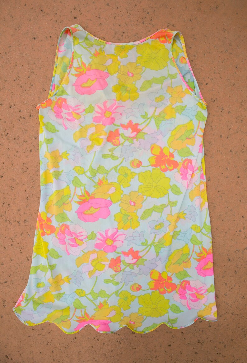 70/'s Vintage Neon Pastel Floral Slip Dress Sorta Sheer w Tie Collar