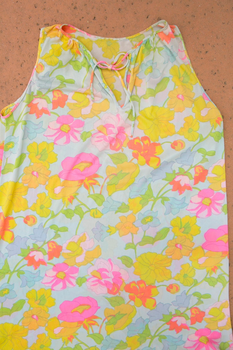 70/'s Vintage Neon Pastel Floral Slip Dress Sorta Sheer w Tie Collar