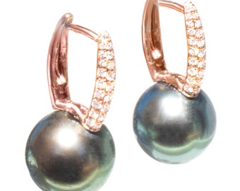 AAA South Sea Black (Tahitian) Pearl & Diamond 18K Earrings