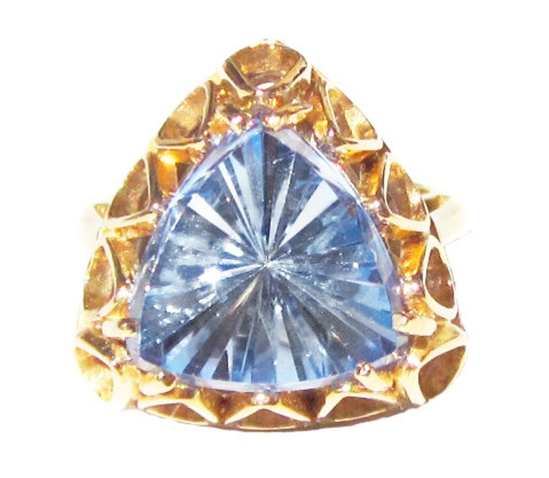 Huge Designer Swiss Blue Topaz Trillion & Gold 1960s Ring image 1
