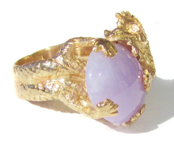 Vintage Lavender Jade 14K Dragon Ring - image 3