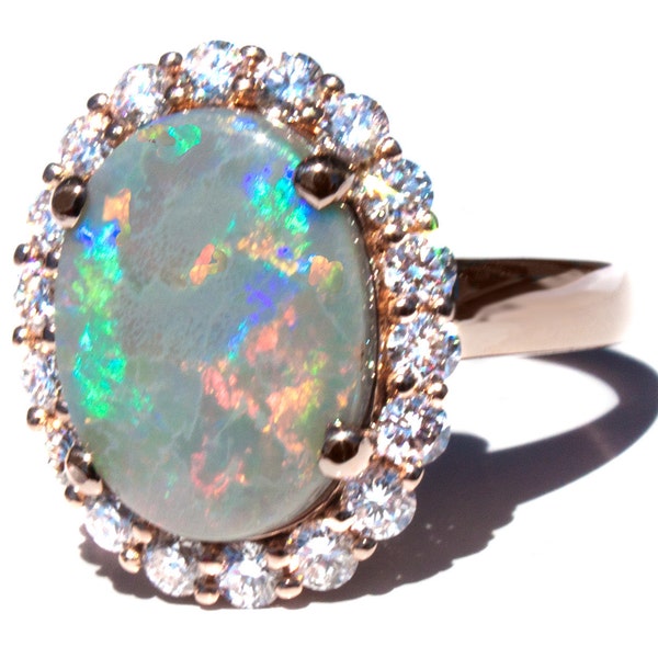 Beautiful Lightning Ridge Black Opal and Diamond 18KRG Ring