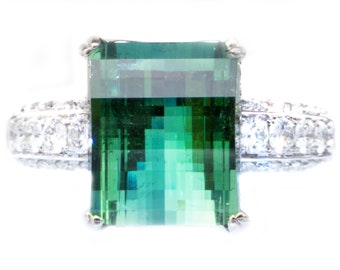 Beautiful Rare Pixelated Bicolor Indicolite Tourmaline & Diamond Ring