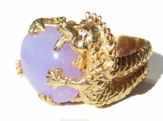 Vintage Lavender Jade 14K Dragon Ring - image 2