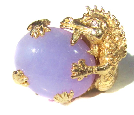 Vintage Lavender Jade 14K Dragon Ring - image 5