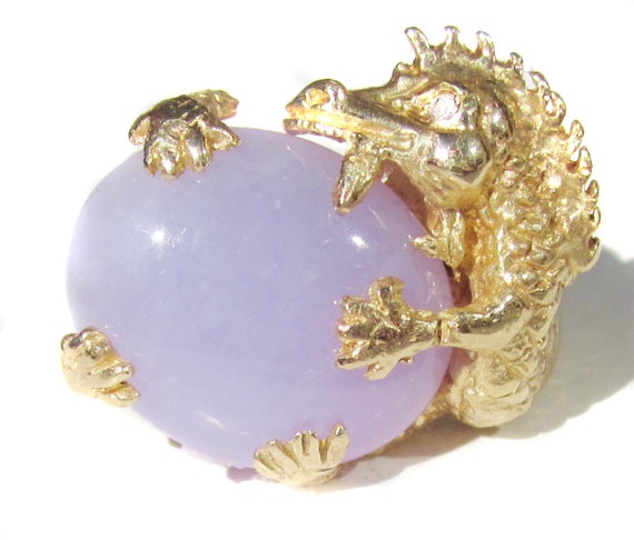 Vintage Lavender Jade 14K Dragon Ring - image 1