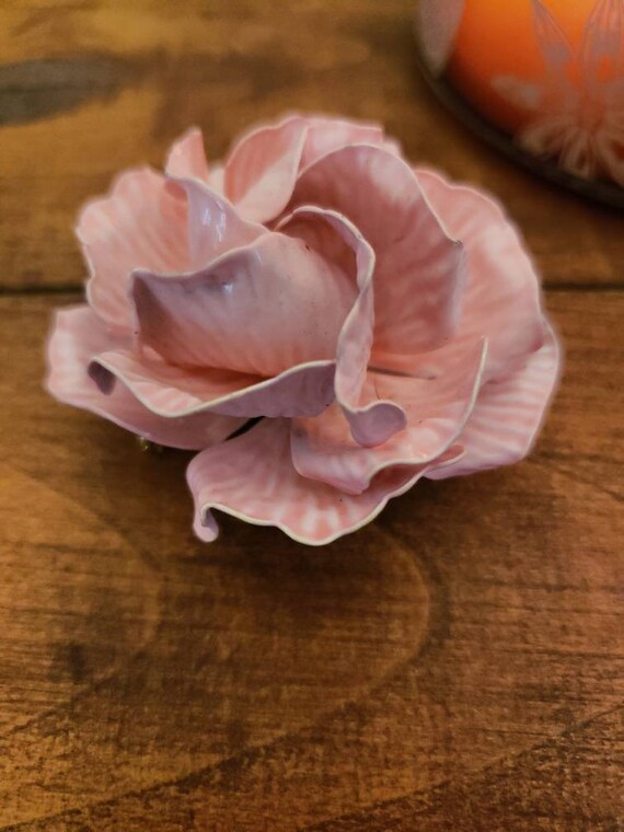 HUGE Pink Enamel Rose Brooch - image 6