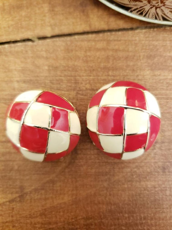 Abstract Checkerboard Enamel Clip-On Earrings - image 1