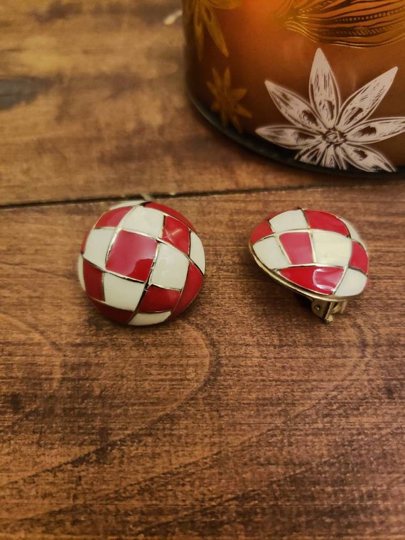 Abstract Checkerboard Enamel Clip-On Earrings - image 2