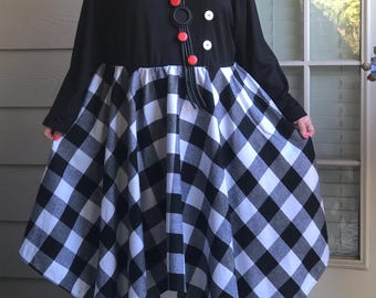 Lagenlook Boho Artsy Patchwork Upcycled Oversized Asymmetrical Plaid  Dress & Necklace
