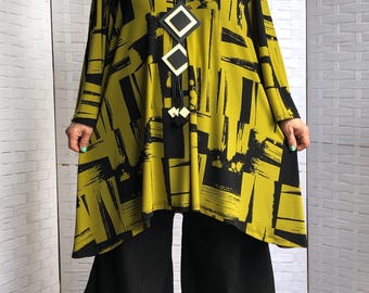 Lagenlook Artsy Boho Asymmetrical Oversized Cowl Olive Green Tunic & Necklace OSFM