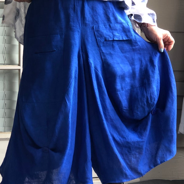 Lagenlook Bohemian Art To Wear Asymmetrical Bubble  Wide Linen Royal Blue Pants