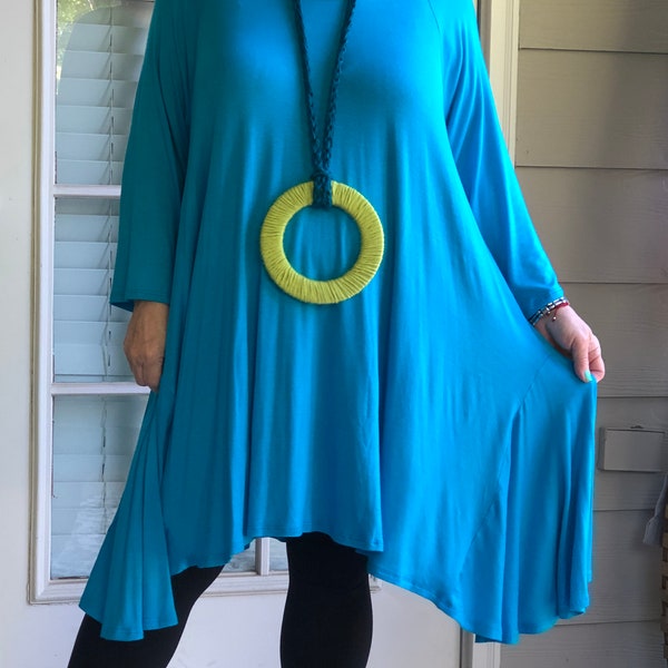 Lagenlook Bohemian Art To Wear Asymmetrical Long  Turquoise Blue Tunic with Necklace