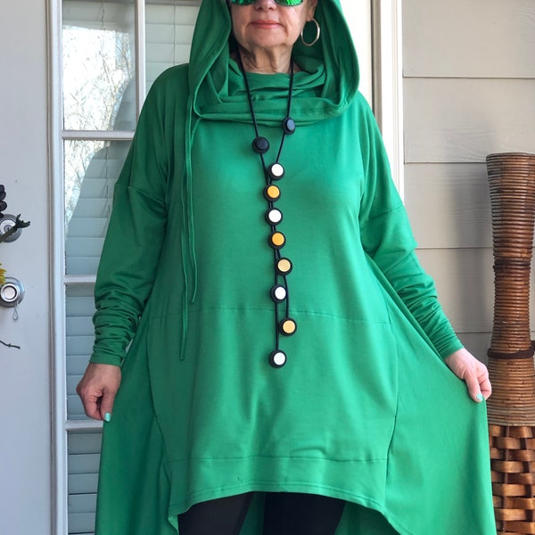 Lagenlook Boho Art To Wear High Low Asymmetrical Punk Steampunk Green Hoodie Sweatshirt Dress Tunic with Necklace