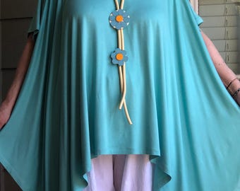 Lagenlook Art To Wear Bohemian Asymmetrical Oversized Aqua Blue One Size Tunic with Necklace