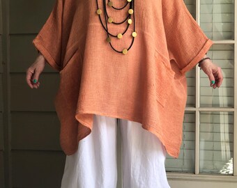 Lagenlook Art To Wear Bohemian Asymmetrical Oversized Linen Gauze Burnt Orange Tunic with Necklace