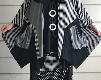 Patchwork 3 Pieces Set of Asymmetrical Tunic Skirt Vest Lagenlook Artsy Bohemian + Necklace