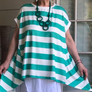 Lagenlook Bohemian Asymmetrical Artsy Green White Stripes Tunic with Necklace