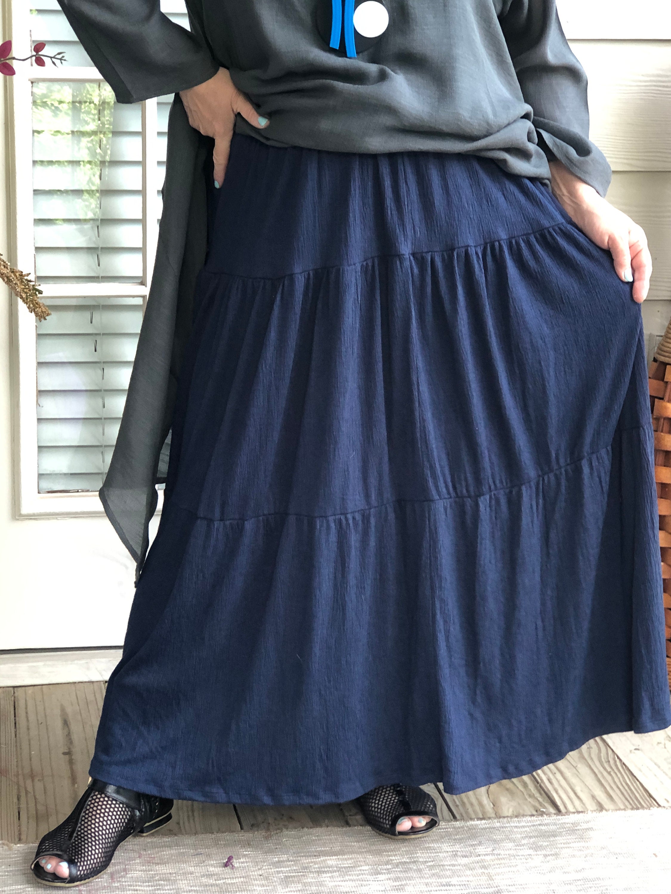 Lagenlook Bohemian Tiered Rayon Blend Navy Blue Maxi Skirt Lagenlook Bohemian Tiered Rayon Blend Navy Blue Maxi Skirt