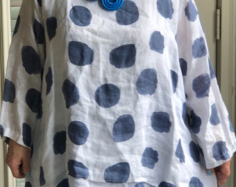 Lagenlook Art To Wear Bohemian Asymmetrical Polka Dot Linen Tunic with Necklace