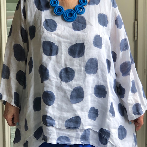 Lagenlook Art To Wear Bohemian Asymmetrical Polka Dot Linen Tunic with Necklace