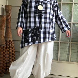 Lagenlook Art To Wear Bohemian Asymmetrical Oversized Cotton Plaid Tunic with Necklace