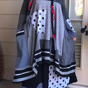 Bohemian  Lagenlook Artsy Patchwork Cotton Jersey 2 Pieces Set: Asymmetrical Tunic & Skirt with Necklace
