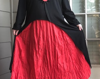 Lagenlook Bohemian Asymmetrical Hem  Red Long Skirt One size Fits Many