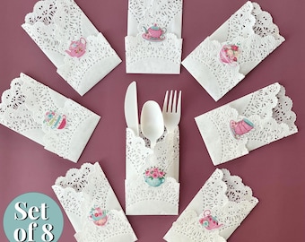 Tea Party Decoration Set Lunch Utensil Holder Cutlery Pouch Plastic Silverware Pocket Dainty Paper Doily Disposable Table Decor Luncheon