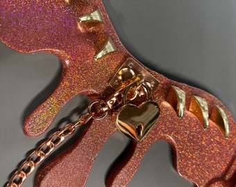 Fetish Fashion Posture Collar and Leash with Lock and Key Rose Gold