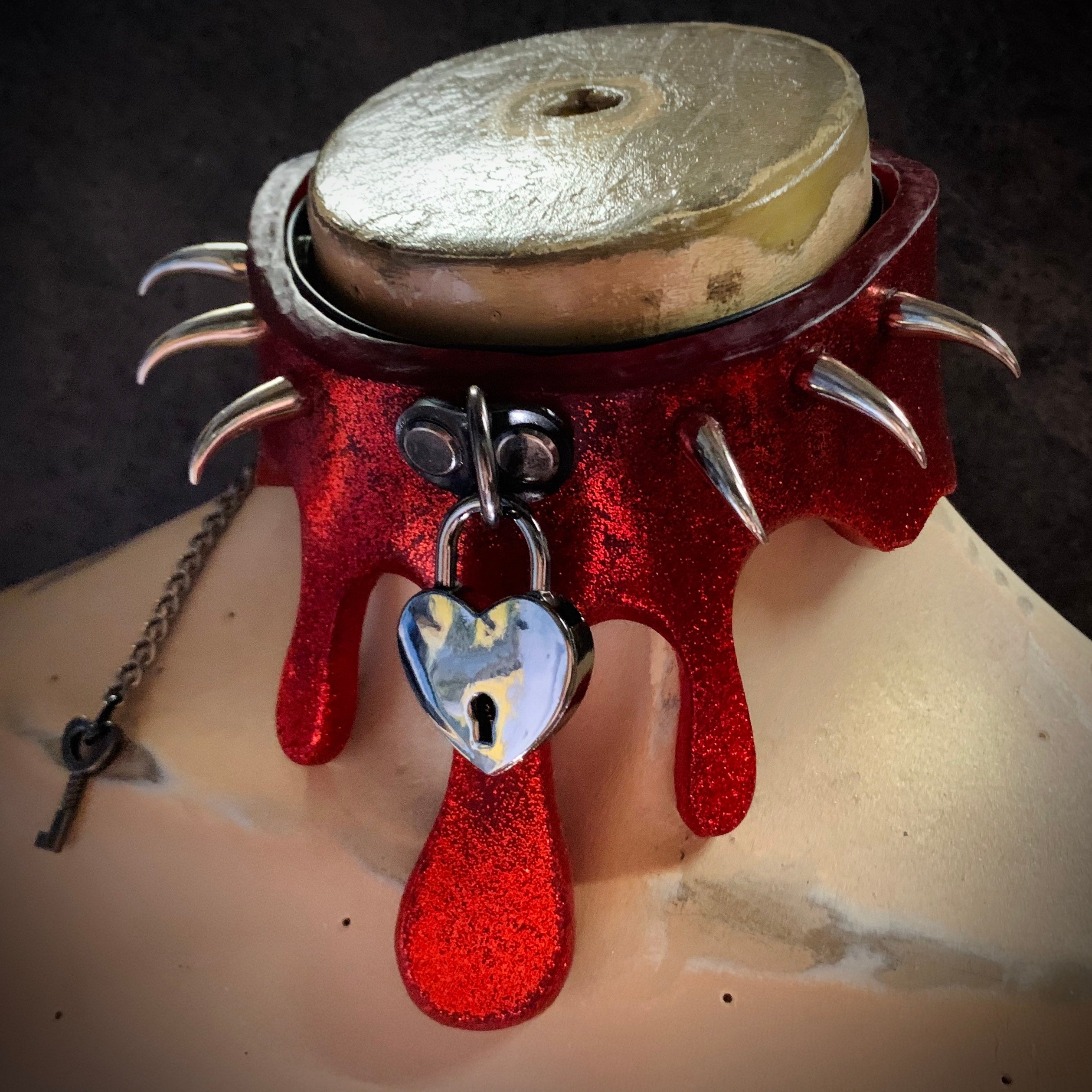 Spiked Heart Locket Fetish Collar Rubber Red glitter drips