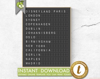 editable Airport destination, departures flight board, subway, honeymoon travel, couple, custom wedding, anniversary, Love Story, printable