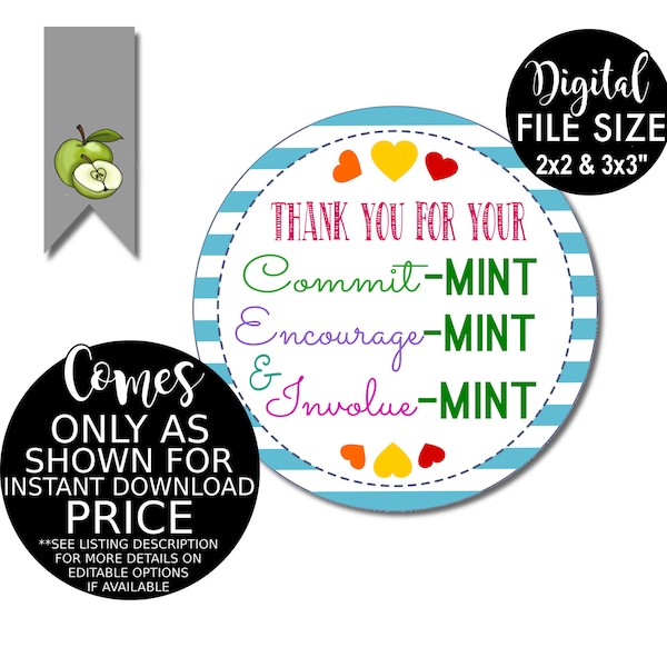 Thank you for your Commitment gift tag, Boss mint gift tag, Volunteer mint gift, mint favors, gratitude, Printable, mint gift tags from boss