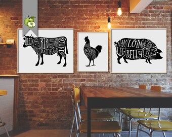 set of kitchen Butcher Diagram, kitchen Printable, Butcher Chart, pig, cow, chicken, Butcher Cuts of Meat, farmhouse INSTANT DOWNLOAD