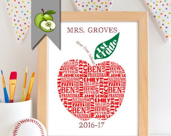 Teacher Appreciation gift, Personalised Thank you, Apple word art, cloud custom, printable, retirement gift, long service, class names