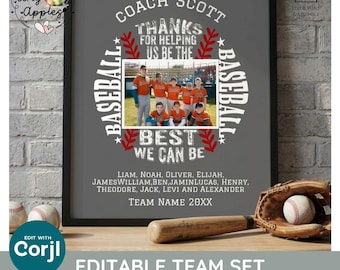May include: A framed gray poster featuring a baseball graphic with red stitching, a central photograph of a youth baseball team in orange uniforms, and the text COACH SCOTT THANKS FOR HELPING US BE THE BEST WE CAN BE with a list of names.
