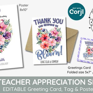 Editable watercolor floral heart shape Teacher Appreciation Gift card, gift tag and poster,  Keepsake for Students, End of the school Year