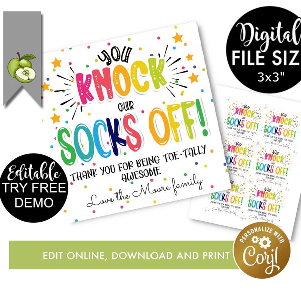 editable you knock my socks off! sock gift tag, foot hamper tag, appreciation, awesome, INSTANT DOWNLOAD