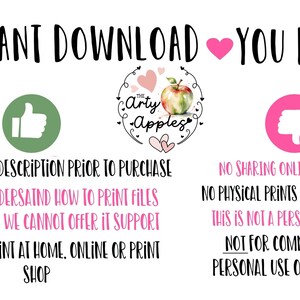 May include: A digital download graphic with the text "INSTANT DOWNLOAD YOU PRINT" in pink and black. The graphic also includes a thumbs up and thumbs down icon, along with the text "PLEASE READ FULL DESCRIPTION PRIOR TO PURCHASE" and "NO SHARING ONLINE OR OFFLINE".