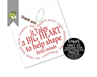 Teacher Apple Gift, teacher Appreciation, Thank you, Typography word cloud, retirement, it takes a big heart to help, INSTANT DOWNLOAD