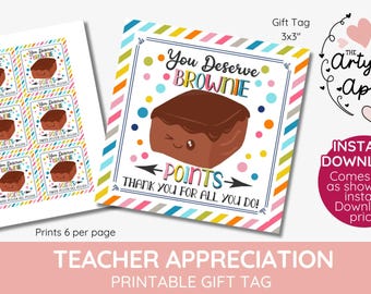 you deserve brownie points gift tag, Thank You For All You Do! blondy Brittle Tag, Chocolate teacher appreciation, staff Instant download