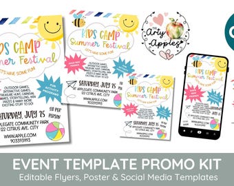 editable kids summer camp fest, Template, spring, summer festival theme, spring break poster, includes social media templates PTO, church